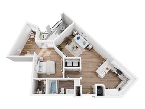 A top down view of a house layout with a kitchen, living room, and bathrooms.